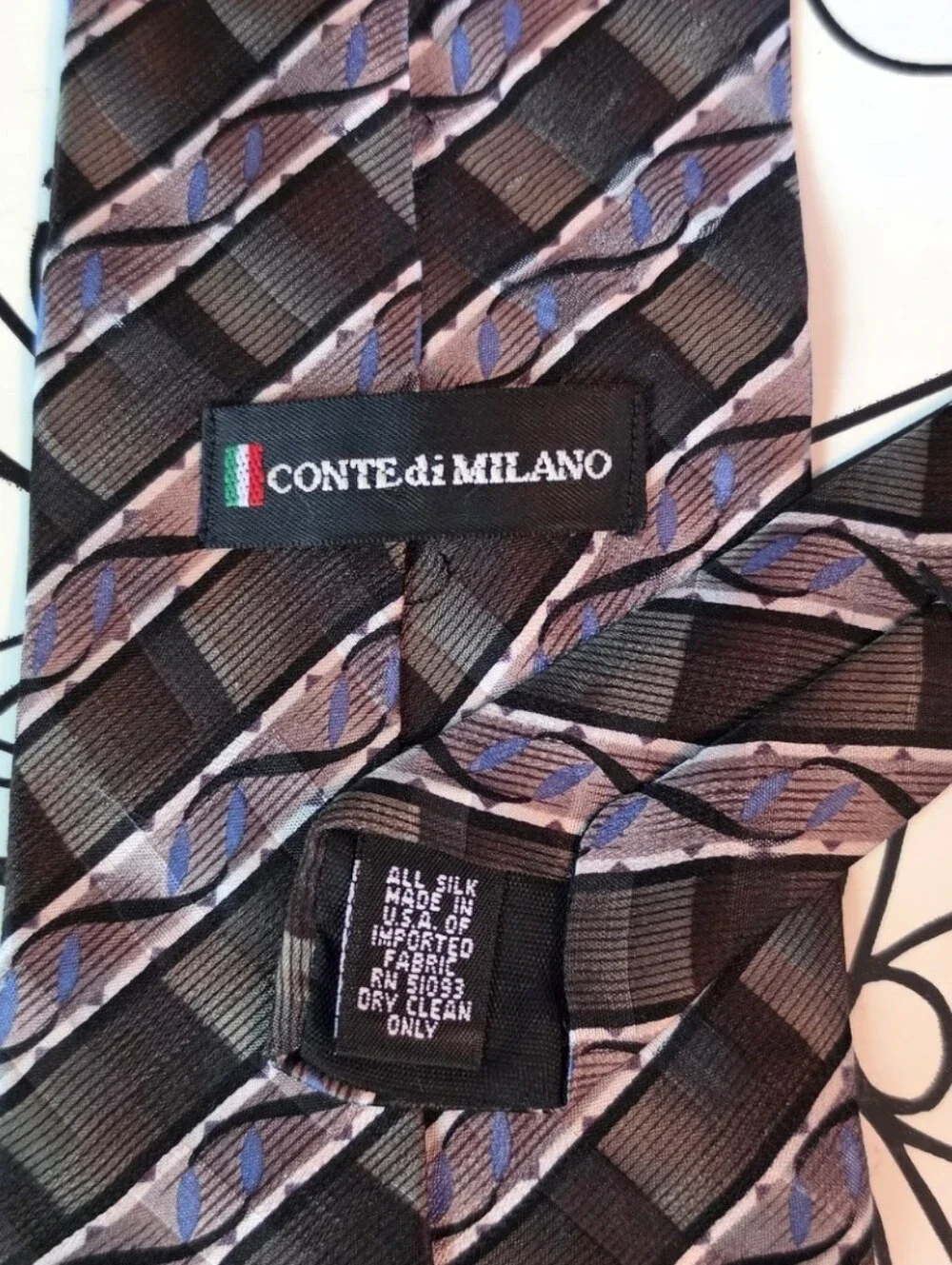Conte di Milano Silk Tie Mens Brown Gray Blue Geometric Diagonal Stripe Necktie